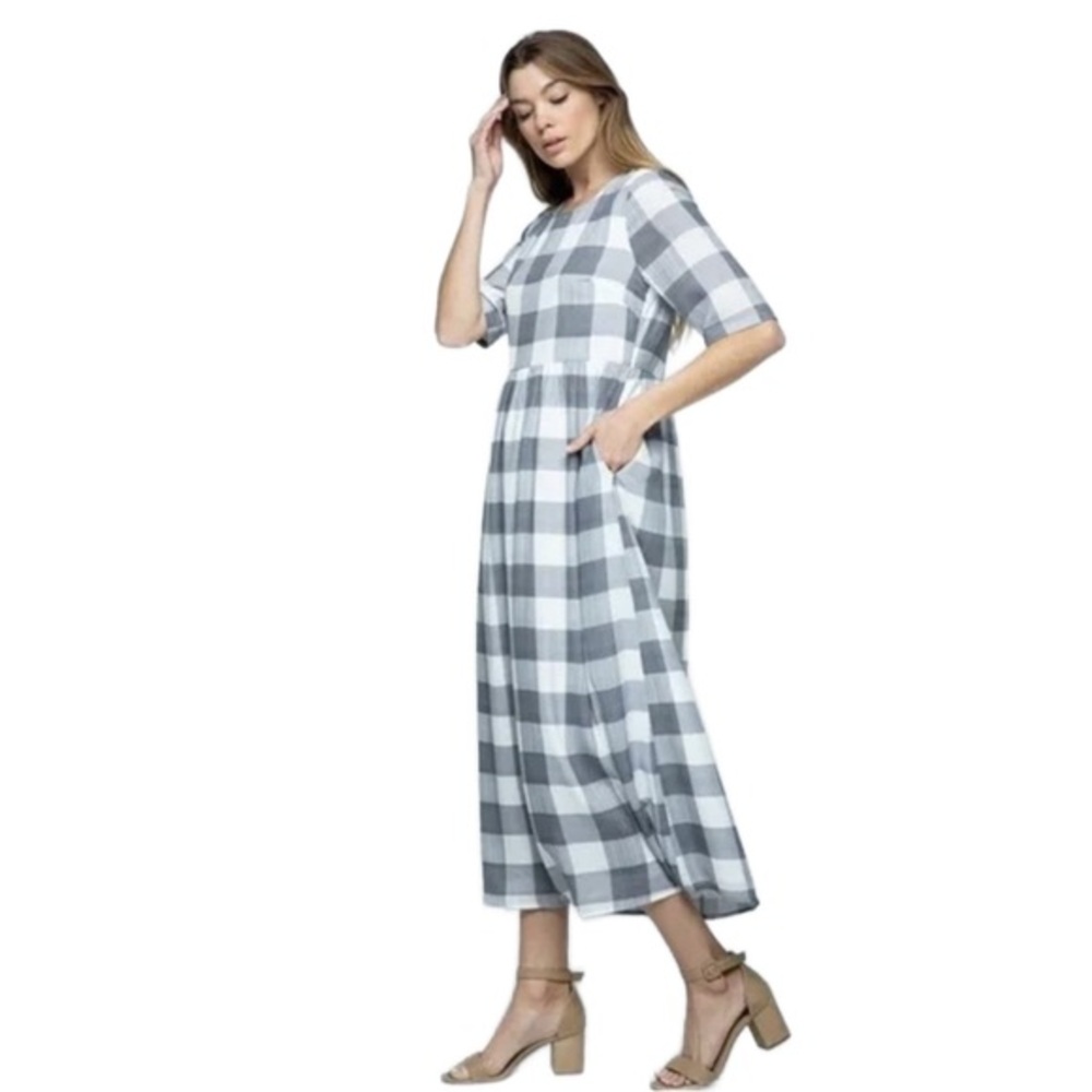 Roolee Gray Buffalo Check plaid gingham Maddie midi maxi dress L